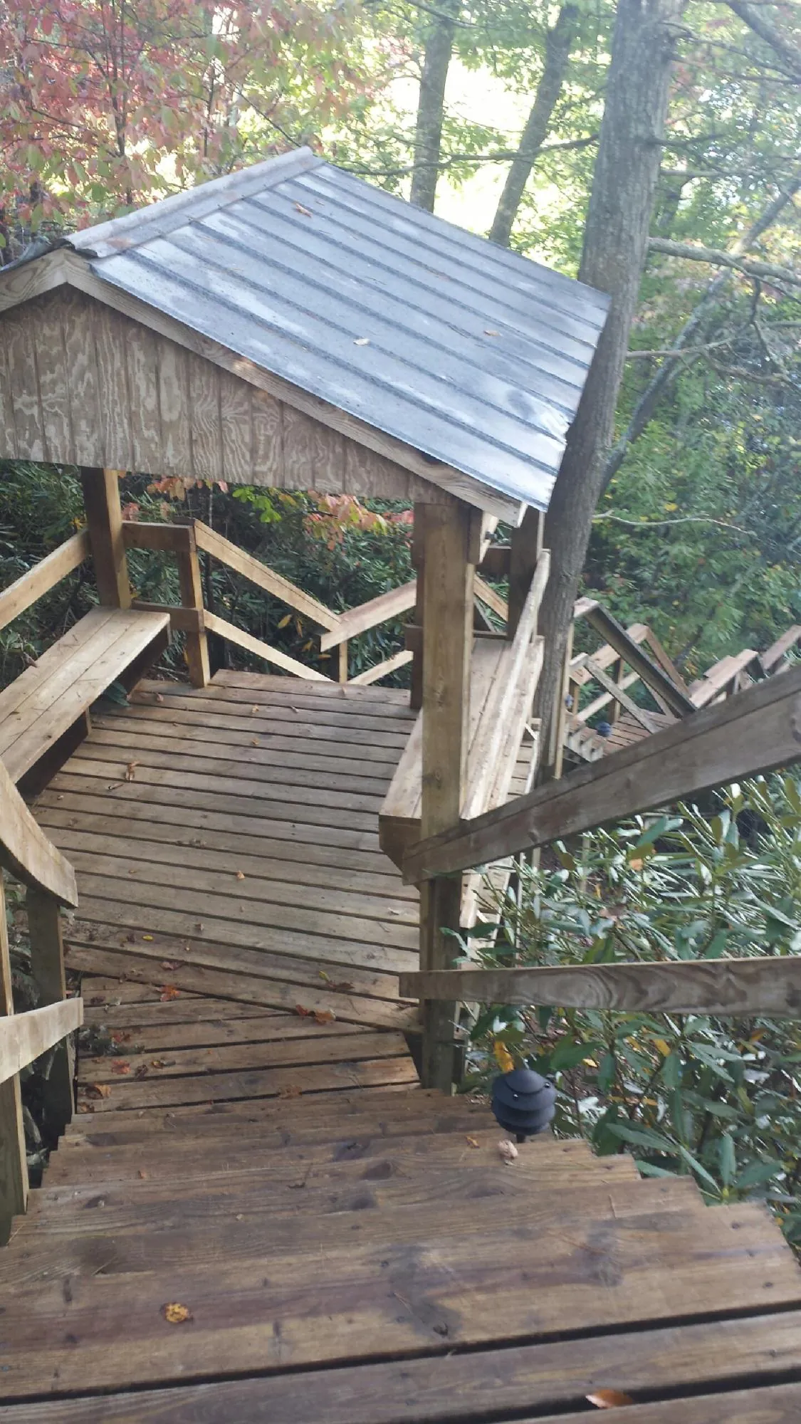 Metal roofed shelter over wooden steps on a wooded walkway — Skylight Repair & Installation work by our crew in Waynesville